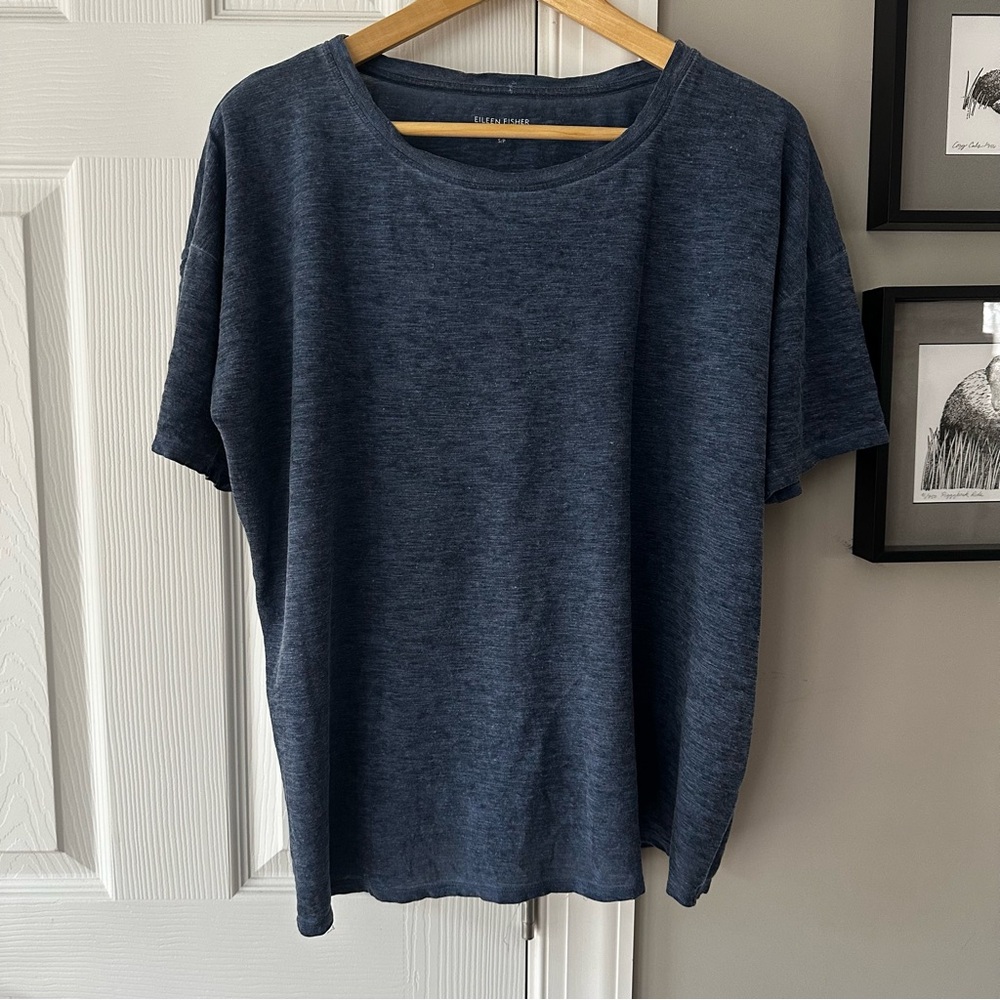 Eileen Fisher Blue Short Sleeve Hemp and Cotton Tee